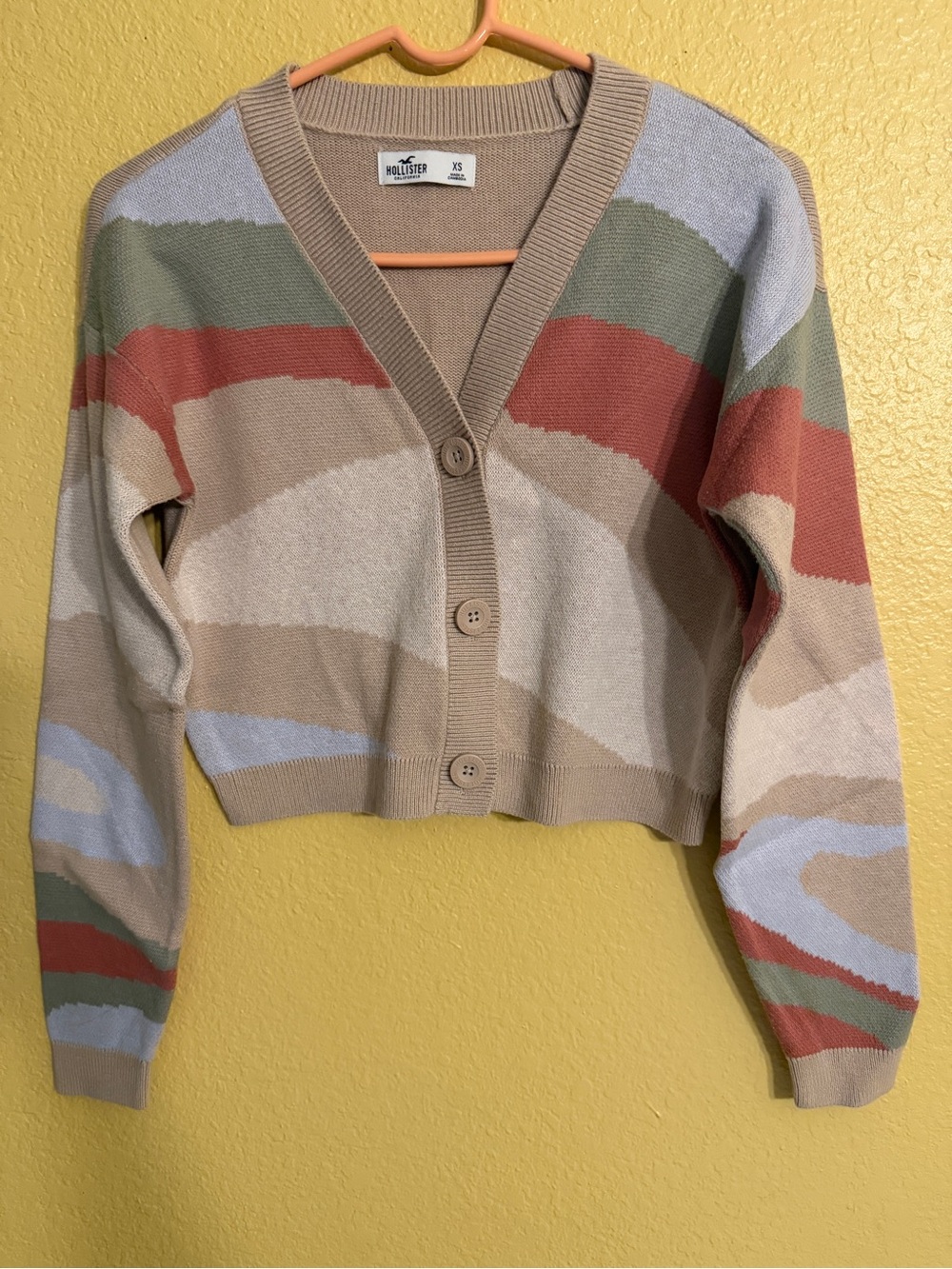 Hollister Women's Multicolor Striped V-Neck Cardigan Sweater - Sand/Olive